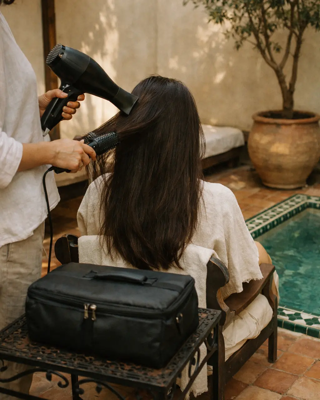 Blow-dry on a riad terrace beside a small plunge pool