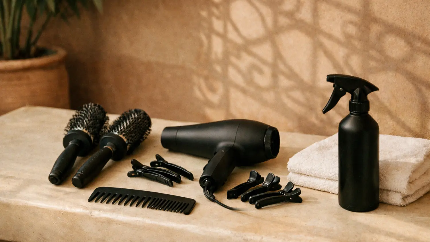Brosses rondes, séchoir et pinces de coiffure posés sur une console en tadelakt