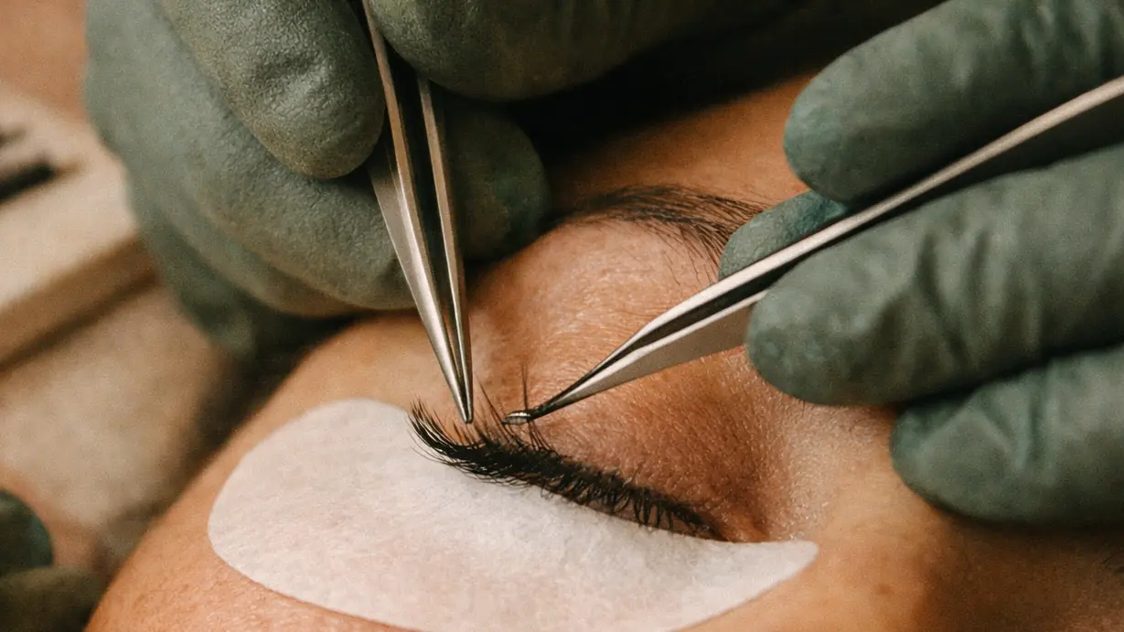 Deux pinces isolant un cil pour la pose d'une extension, patch de protection sous l'œil