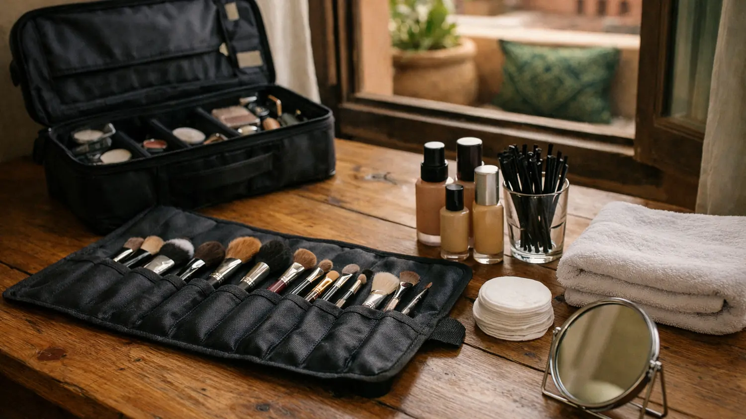 Trousse de maquillage ouverte : pinceaux propres, applicateurs jetables, serviette pliée